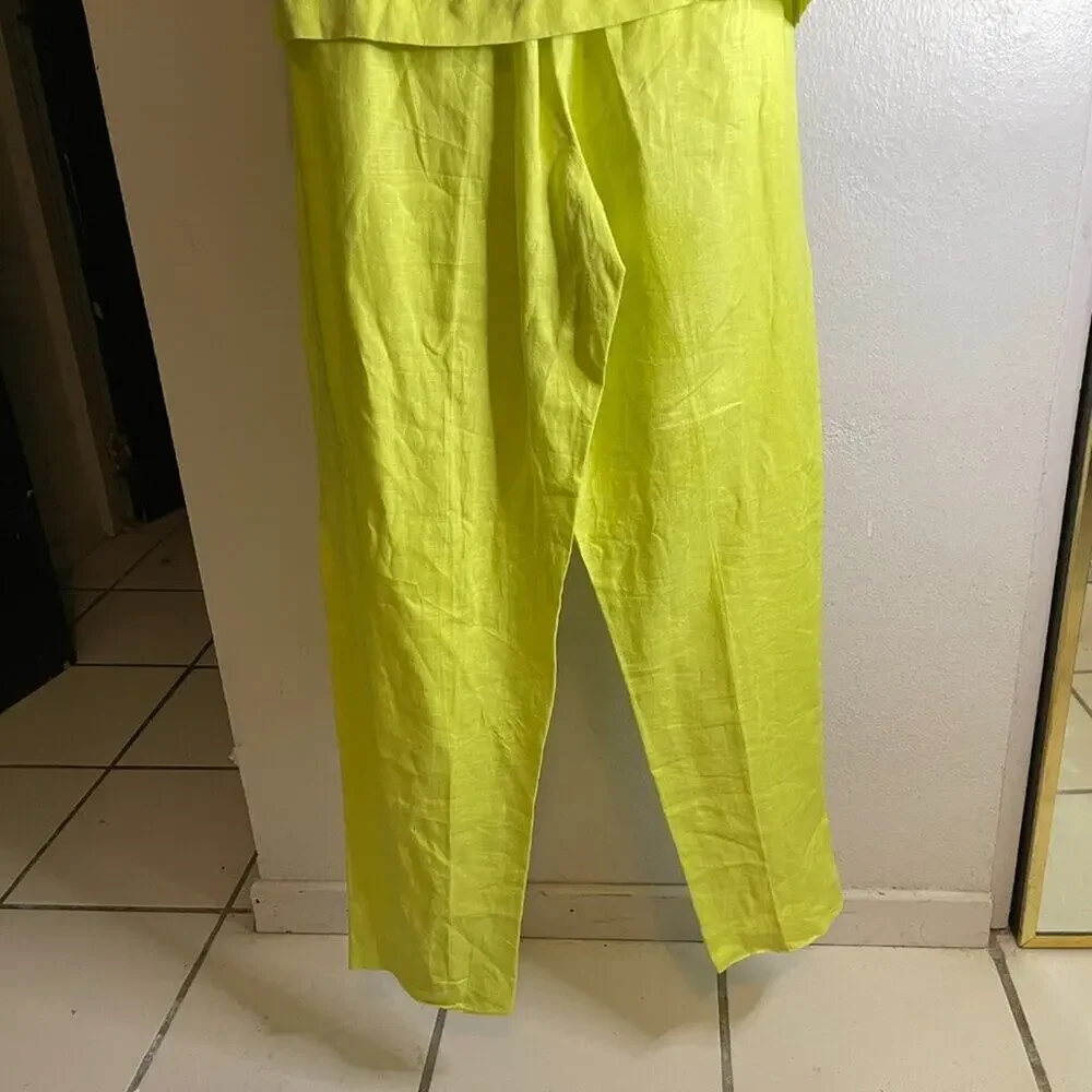 SAB Collections 100% Linen Lime Green 2 Piece Shirt Pants Set Size 7/8
